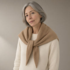 Woman wearing the wool triangle scarf, 100% wool, full length, studio
