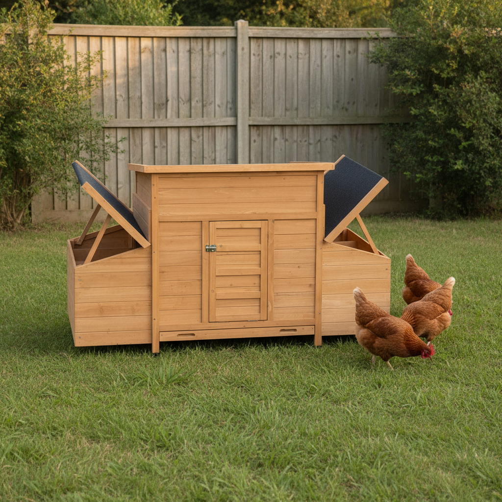 Chicken Coop, Orange, Wood, 34 kg in a back garden (restaged from supplier photo)