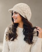Women's Knit Brim Beret, Beige – front, studio