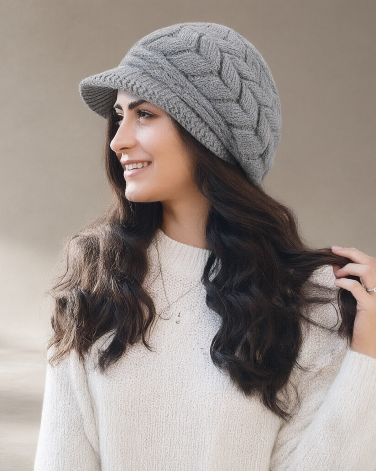 Women's Knit Brim Beret, Gray – front, studio