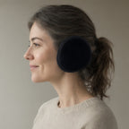 Woman wearing the behind-the-head ear warmers, plush lined, full length, studio