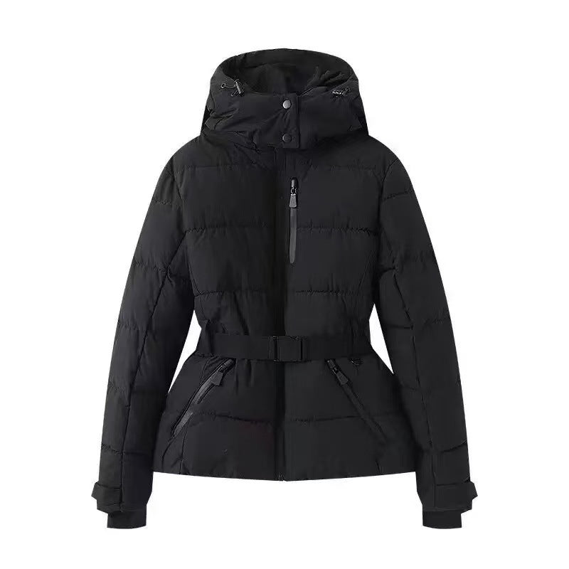 Women's Belted Hooded Ski Jacket, Padded Zip-Front in black, front