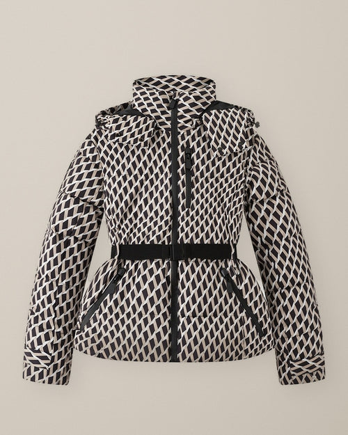 Women’s Belted Hooded Ski Jacket, Padded Zip-Front, laid flat on a stone backdrop