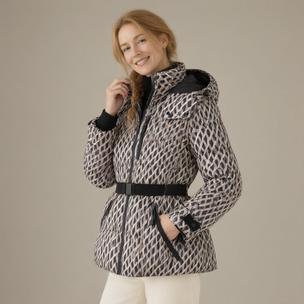 Woman wearing the belted hooded ski jacket, padded zip-front, three-quarter view, studio