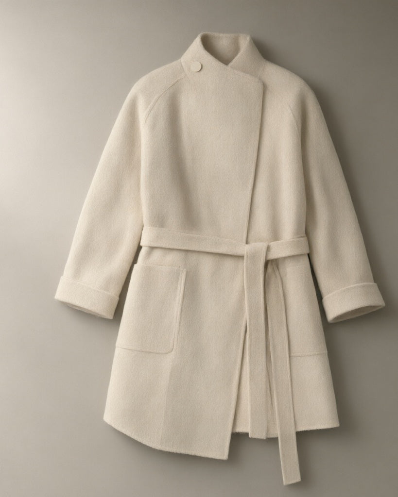 Women’s Belted Mandarin Collar Wool Coat, laid flat on a stone backdrop
