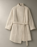 Women’s Belted Mandarin Collar Wool Coat, laid flat on a stone backdrop