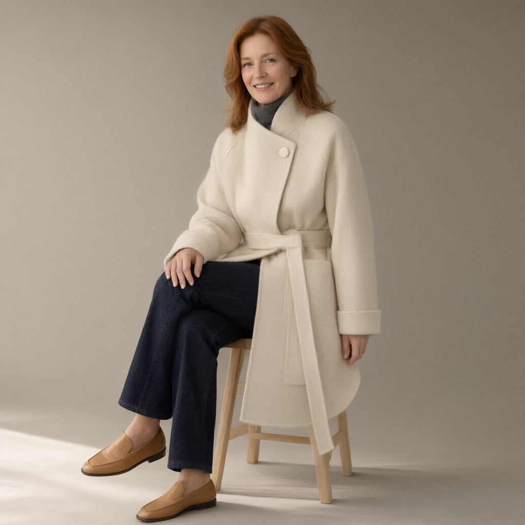 Woman wearing the belted mandarin collar wool coat, full length, studio