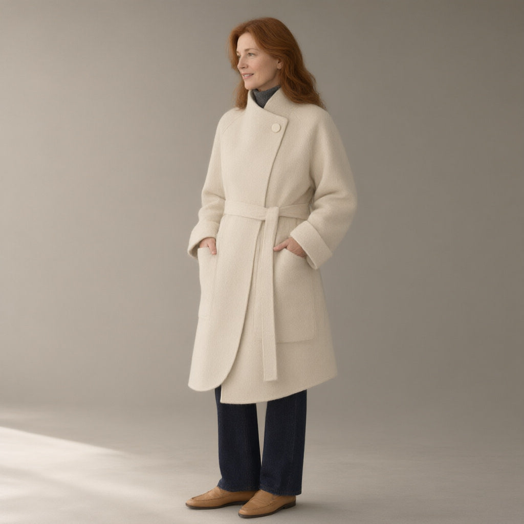 Woman wearing the belted mandarin collar wool coat, three-quarter view, studio
