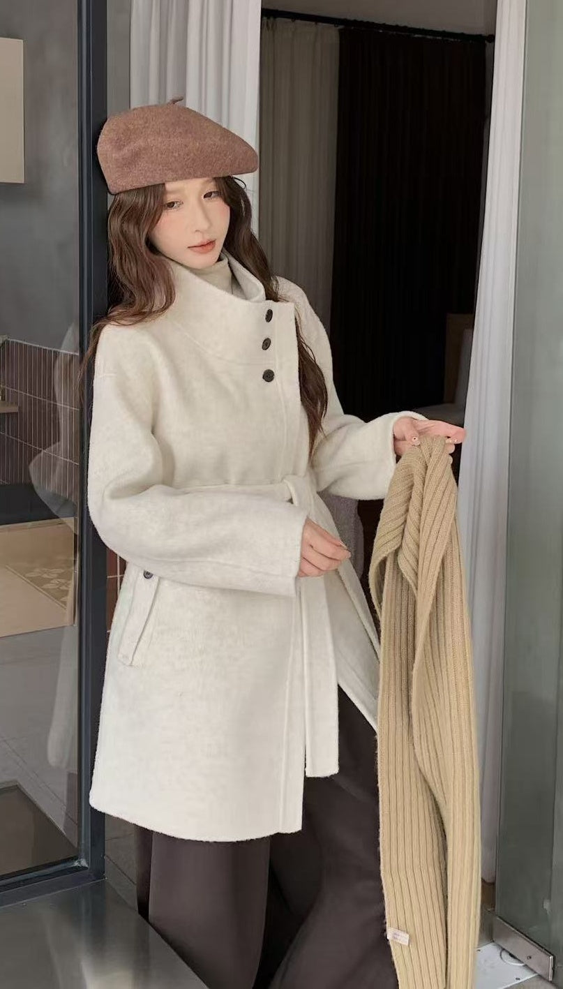 Women's Belted Stand-Collar Wool Coat in ivory, front