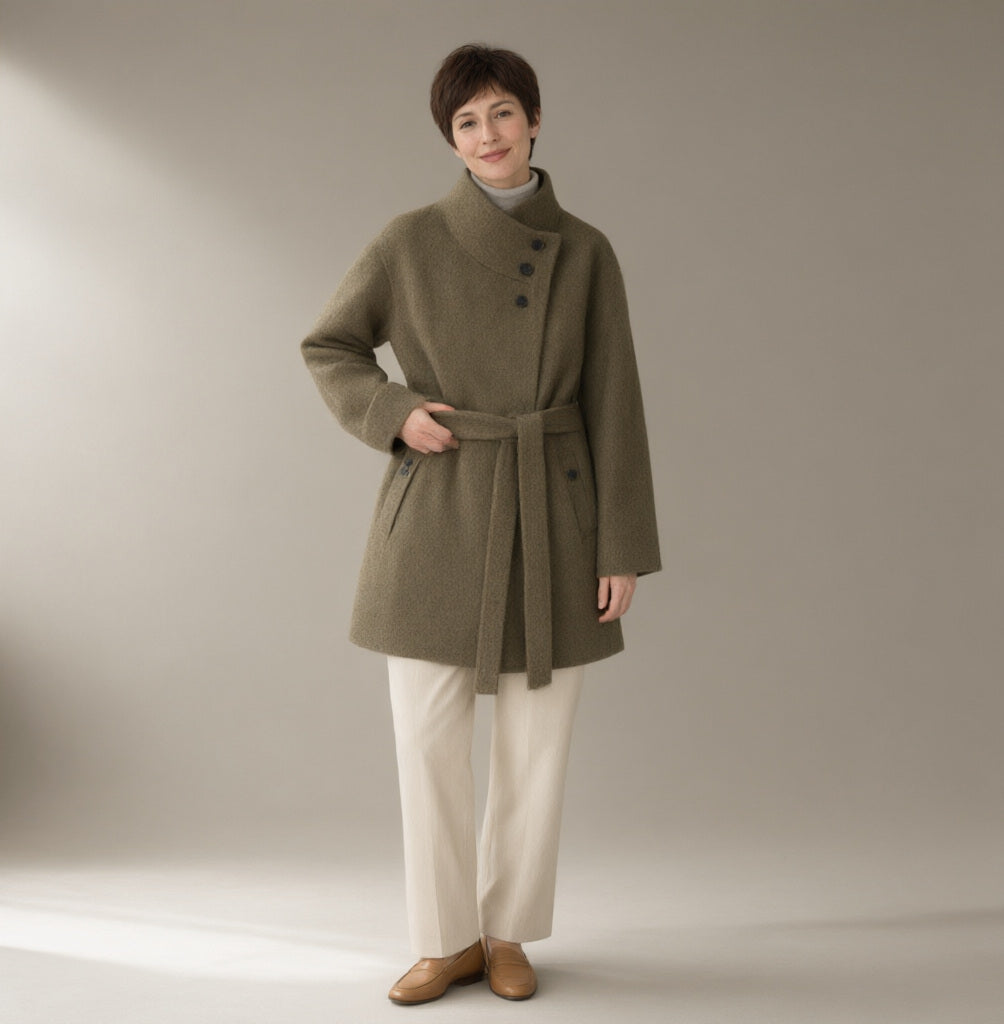 Woman wearing the belted stand-collar wool coat, full length, studio