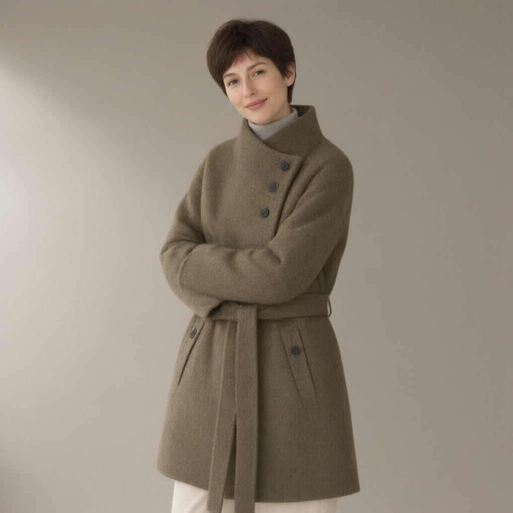 Woman wearing the belted stand-collar wool coat, three-quarter view, studio
