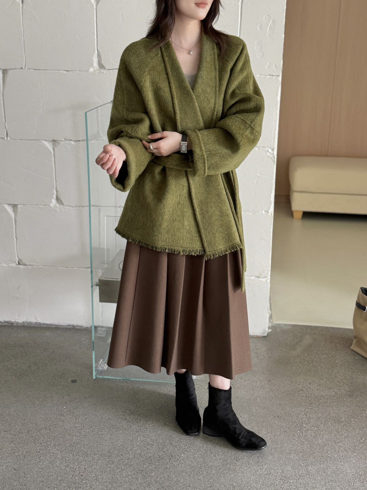 Women's Belted Wrap Wool Coat, Fringed Hem in green, front