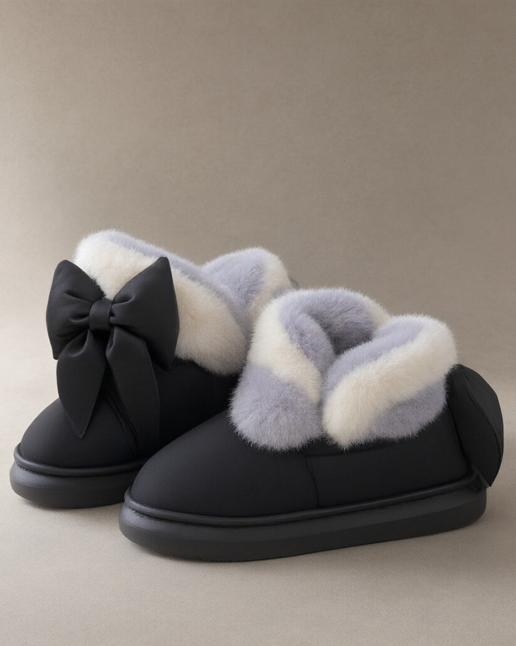 Bow Plush Ankle Boots, Platform Sole, Black
