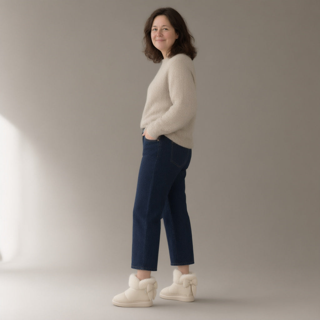 Woman wearing the bow plush ankle boots, platform sole, full length, studio