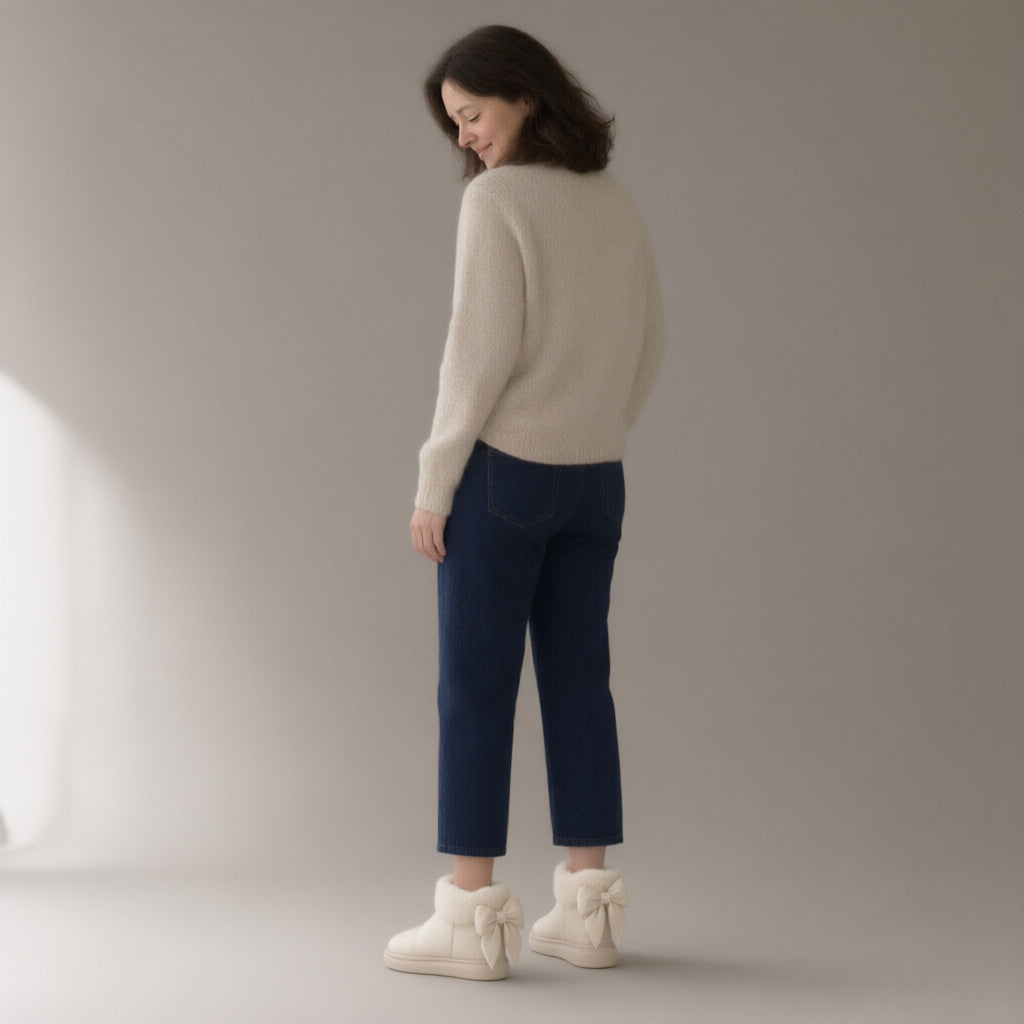 Woman wearing the bow plush ankle boots, platform sole, three-quarter view, studio