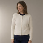 Woman wearing the button-front knit cardigan, three-quarter view, studio