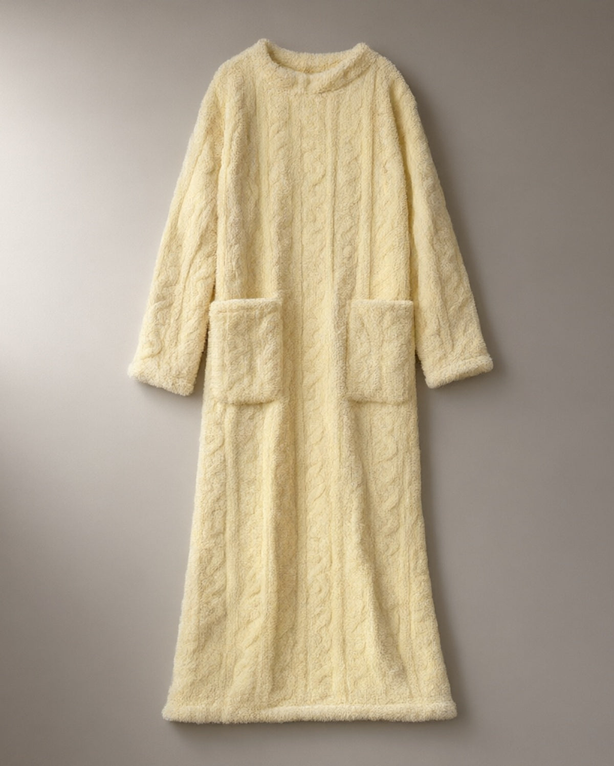 Women’s Cable-Texture Fleece Nightdress, Pull-On, Full Length, laid flat on a stone backdrop