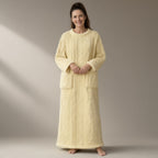 Woman wearing the cable-texture fleece nightdress, pull-on, full length, full length, studio