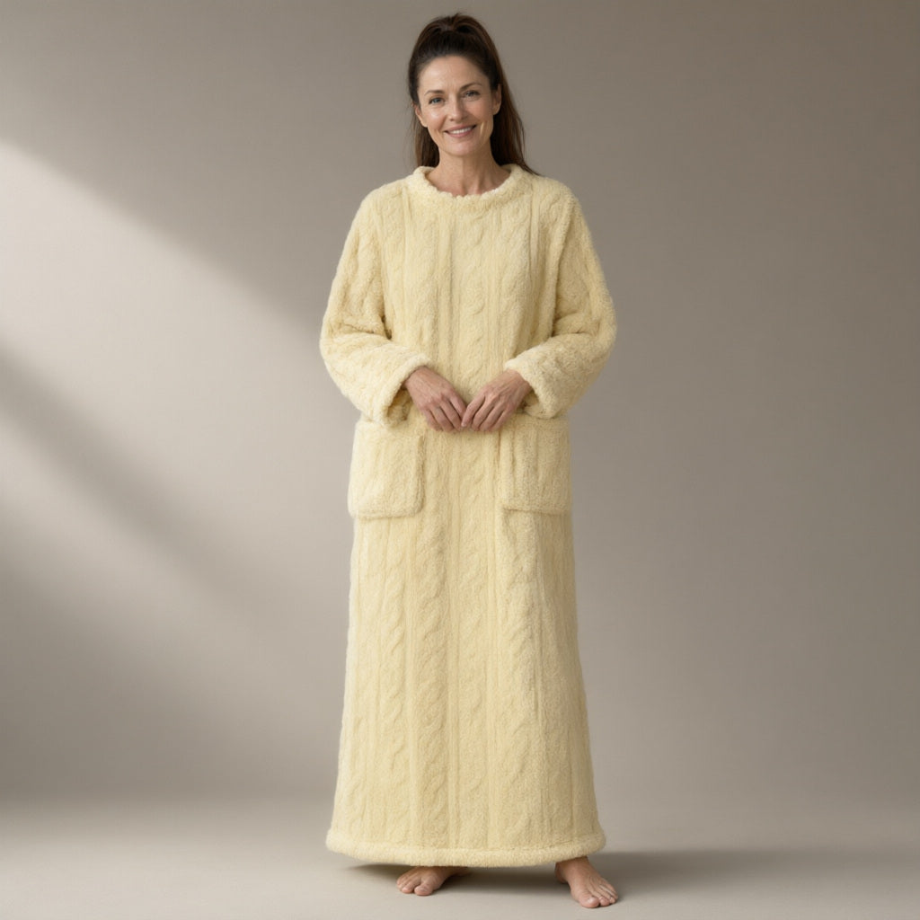 Woman wearing the cable-texture fleece nightdress, pull-on, full length, full length, studio