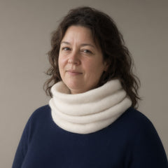 Woman wearing the chunky wool snood, pull-on neck warmer, full length, studio