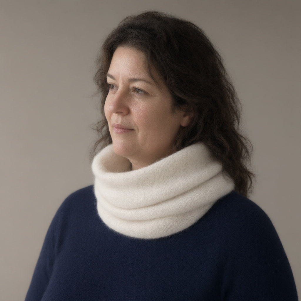 Woman wearing the chunky wool snood, pull-on neck warmer, three-quarter view, studio