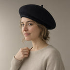 Woman wearing the classic wool beret, knitted, full length, studio