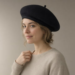 Woman wearing the classic wool beret, knitted, full length, studio