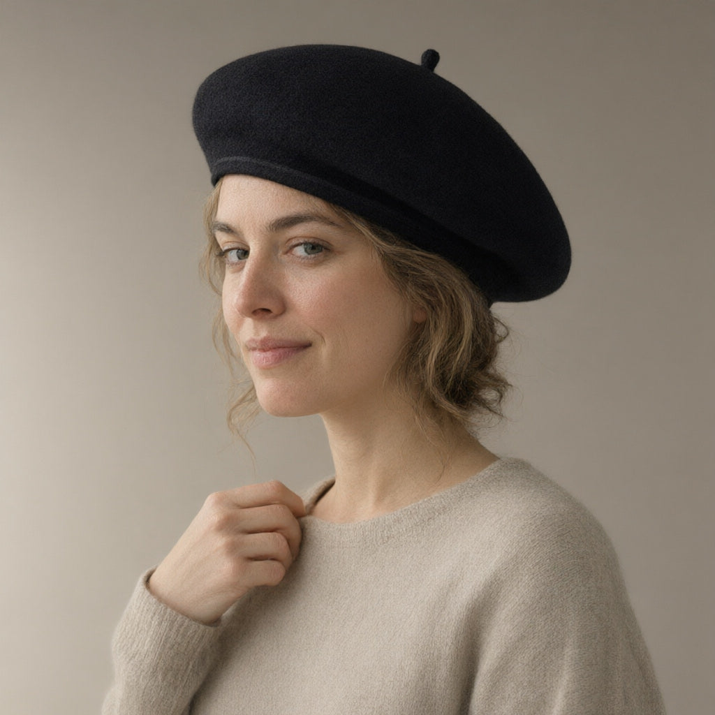 Woman wearing the classic wool beret, knitted, full length, studio