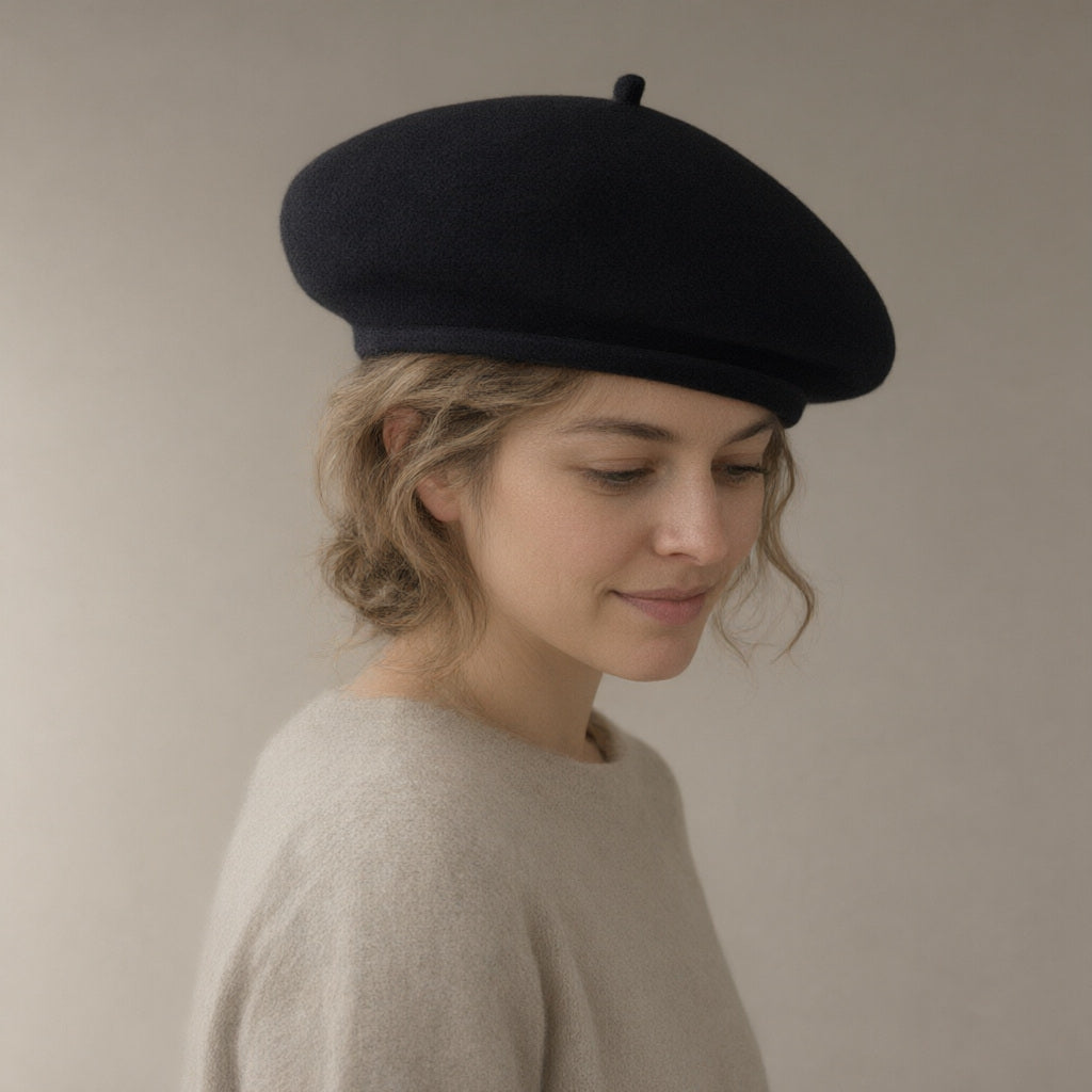 Woman wearing the classic wool beret, knitted, three-quarter view, studio