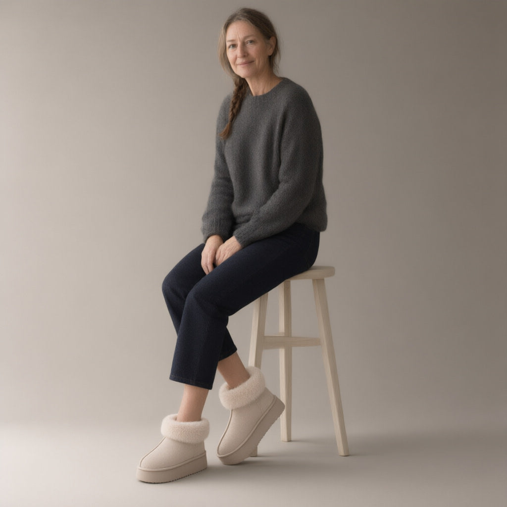 Woman wearing the closed-back fleece-lined slipper boots, three-quarter view, studio