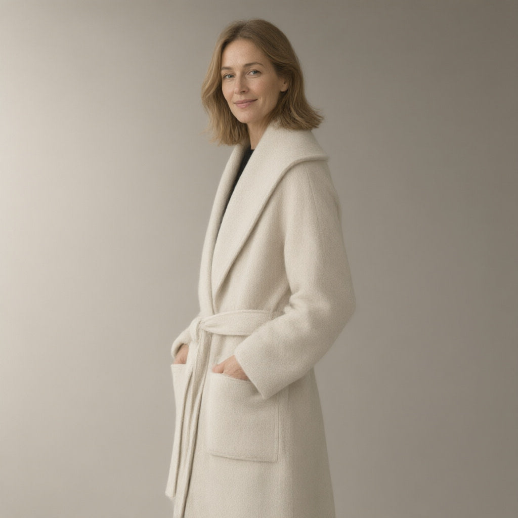 Woman wearing an ivory shawl-collar wrap coat, three-quarter turn, hands in the pockets