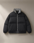 Women’s Contrast-Collar Short Puffer Jacket, laid flat on a stone backdrop
