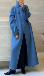 Women’s Double-Faced Wrap Coat, Contrast Collar & Cuffs, 70% Wool in denim blue & fog grey, back