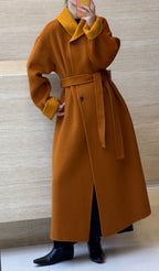 Women’s Double-Faced Wrap Coat, Contrast Collar & Cuffs, 70% Wool in burnt orange & mustard, back