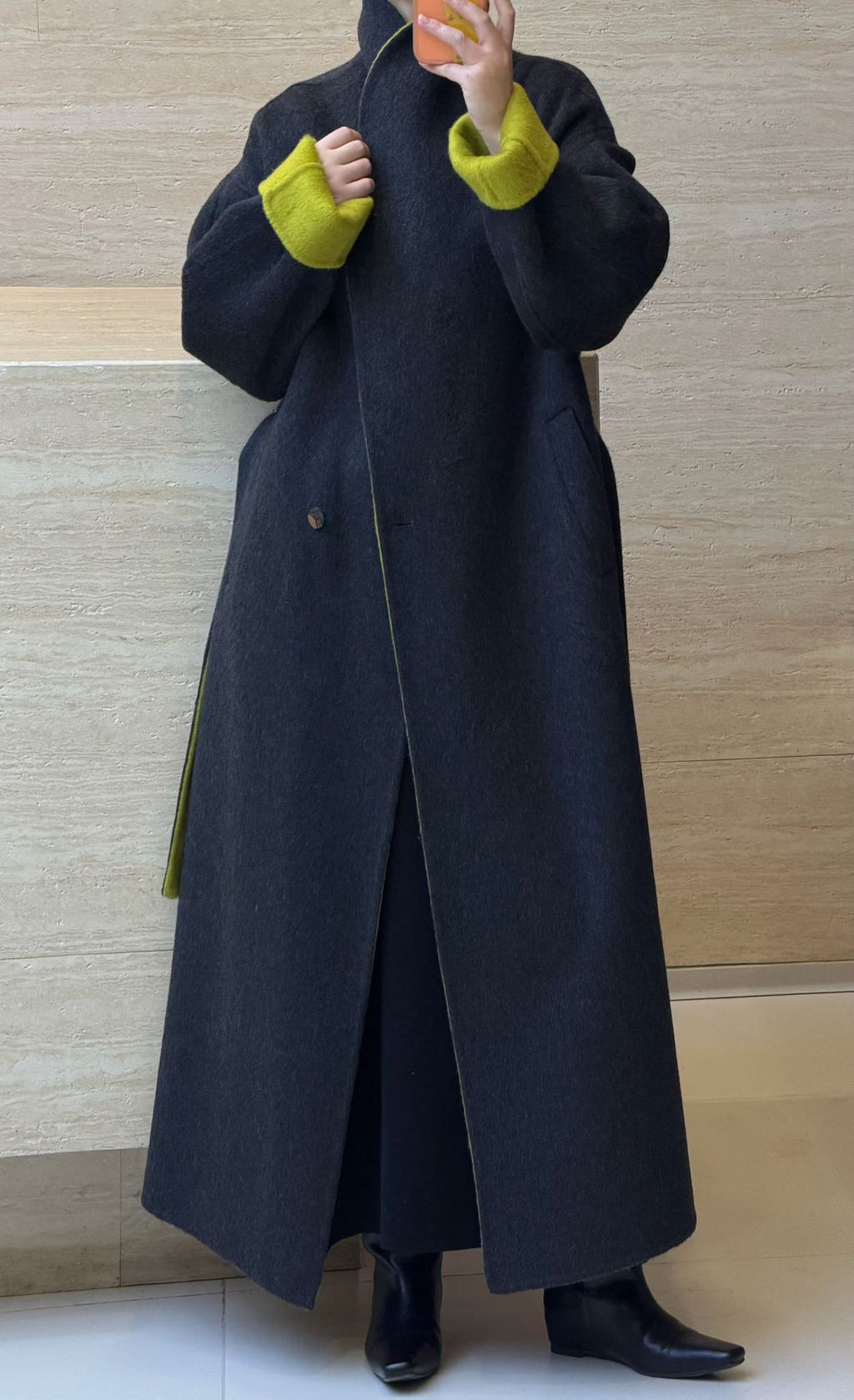 Women’s Double-Faced Wrap Coat, Contrast Collar & Cuffs, 70% Wool in charcoal & lime, back