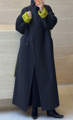 Women’s Double-Faced Wrap Coat, Contrast Collar & Cuffs, 70% Wool in charcoal & lime, back