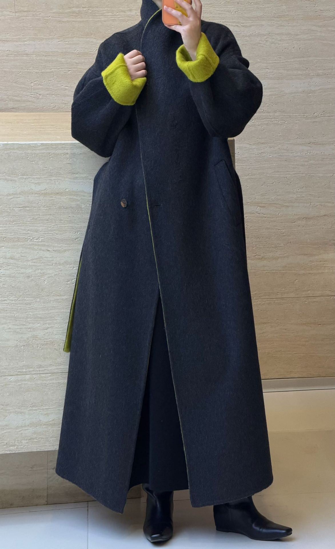 Women’s Double-Faced Wrap Coat, Contrast Collar & Cuffs, 70% Wool in charcoal & lime, back