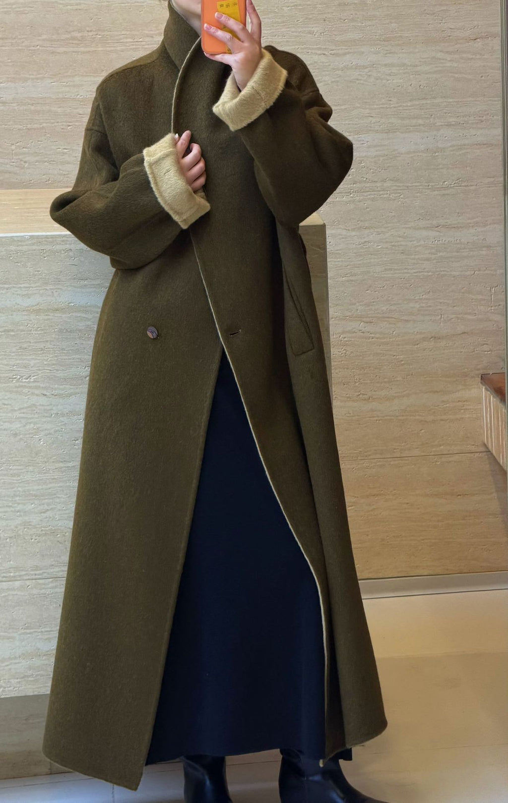 Women’s Double-Faced Wrap Coat, Contrast Collar & Cuffs, 70% Wool in olive & cream, back