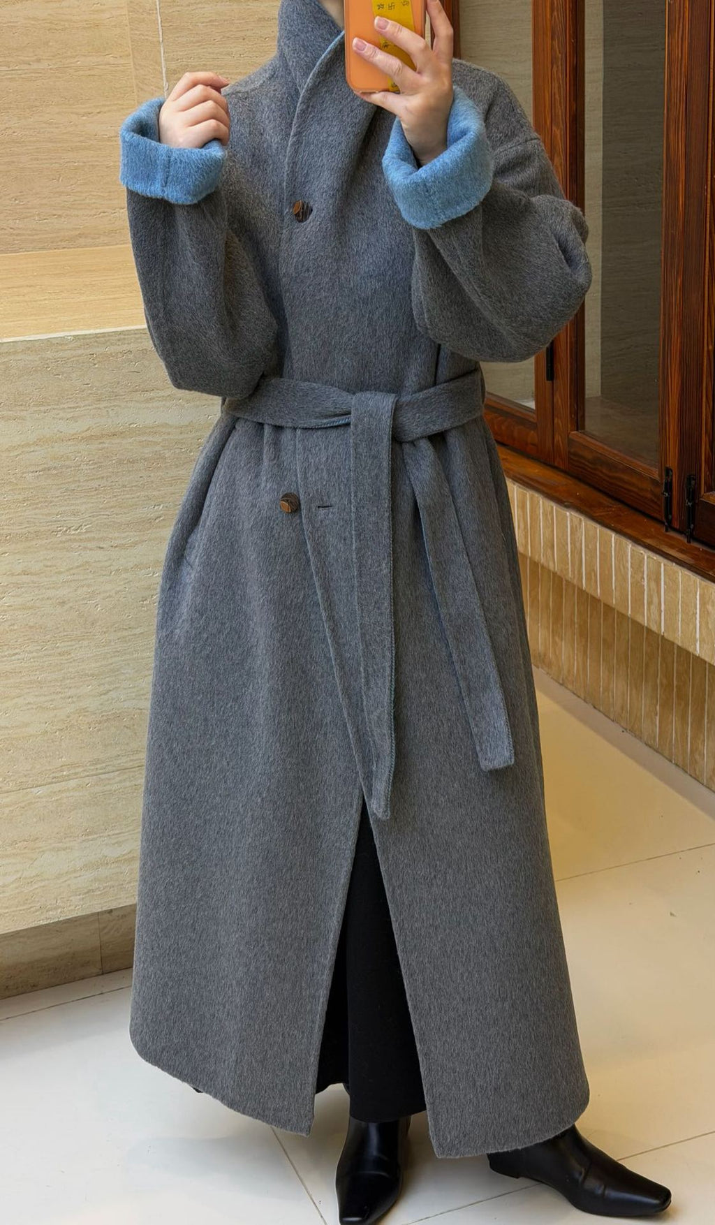 Women’s Double-Faced Wrap Coat, Contrast Collar & Cuffs, 70% Wool in grey & sky blue, back