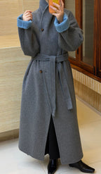 Women’s Double-Faced Wrap Coat, Contrast Collar & Cuffs, 70% Wool in grey & sky blue, back
