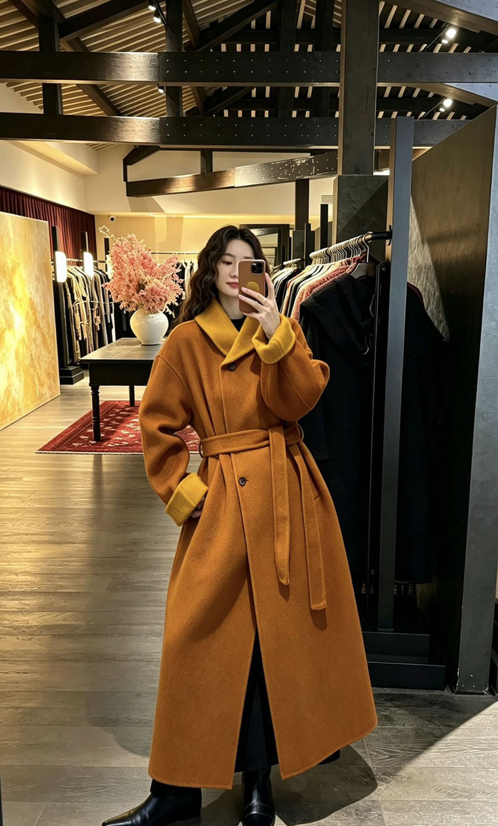 Women’s Double-Faced Wrap Coat, Contrast Collar & Cuffs, 70% Wool in burnt orange & mustard, front