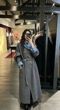 Women’s Double-Faced Wrap Coat, Contrast Collar & Cuffs, 70% Wool in grey & sky blue, front