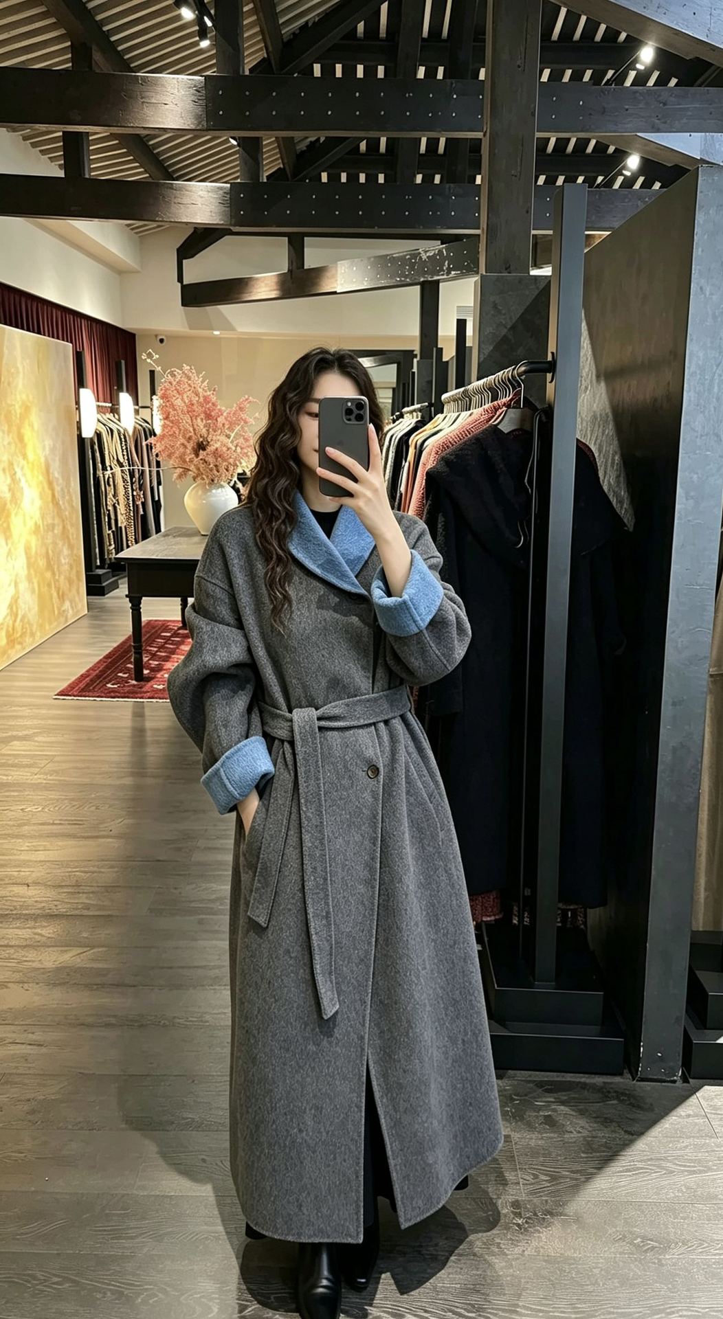 Women’s Double-Faced Wrap Coat, Contrast Collar & Cuffs, 70% Wool in grey & sky blue, front