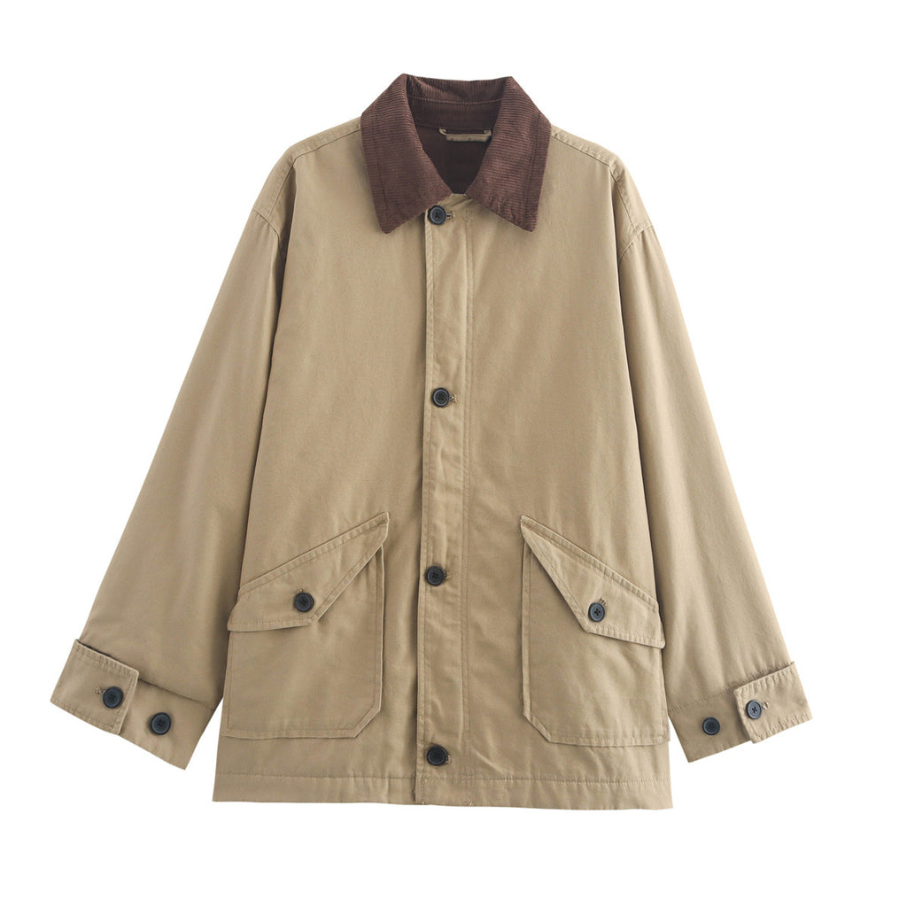 Women's Corduroy-Collar Barn Jacket, Patch Pockets in khaki, front