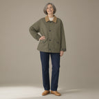 Woman wearing the corduroy-collar barn jacket, patch pockets, full length, studio