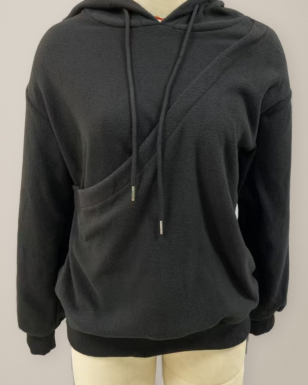 Women’s Fleece Hoodie, Cross-Front Pocket in black, front