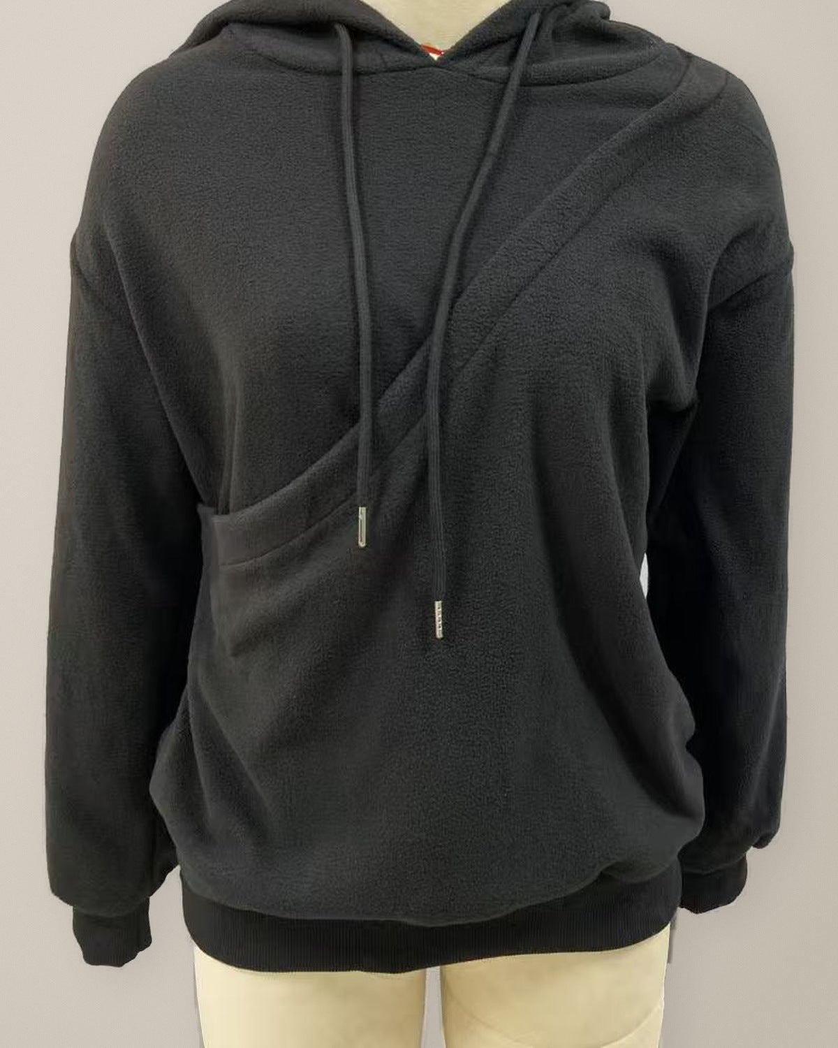 Women’s Fleece Hoodie, Cross-Front Pocket in black, front