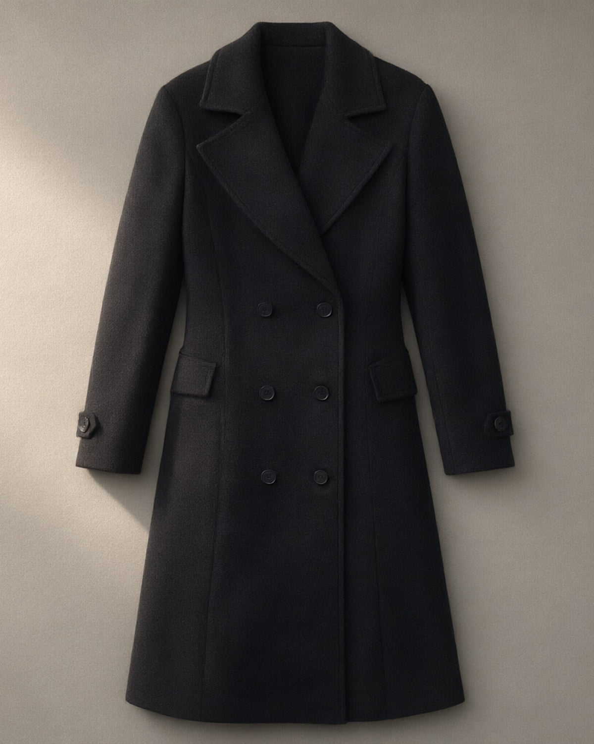 Women’s Long Double-Breasted Coat, Tailored Collar – Black, laid flat on a stone backdrop