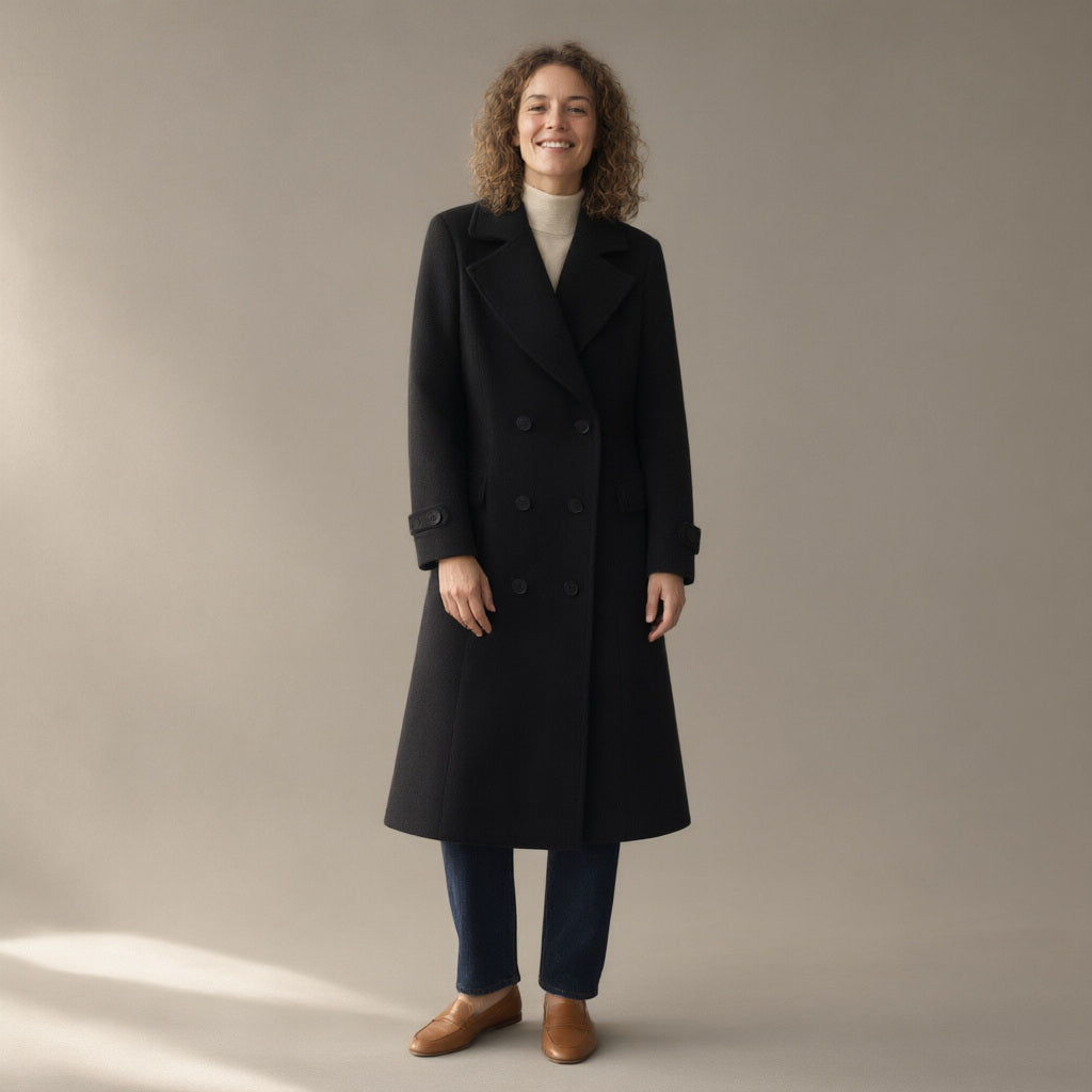 Woman wearing the long double-breasted coat, tailored collar – black, full length, studio
