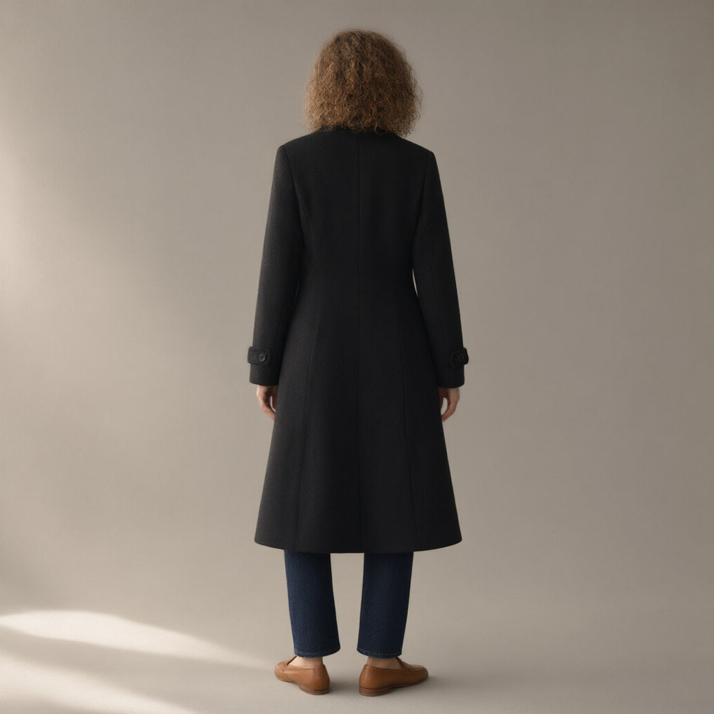 Woman seen from behind wearing the long double-breasted coat, tailored collar – black, back view